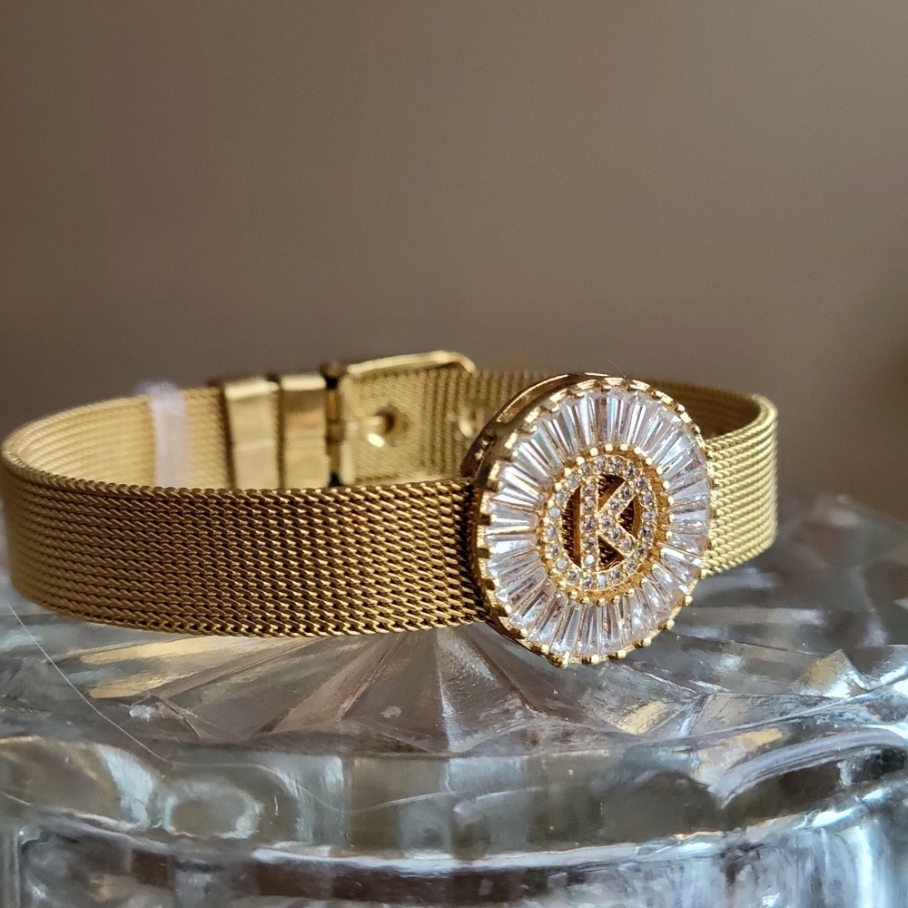 Stunning Gold Initial "K" Mesh Bracelet -‎ CZ Crystals